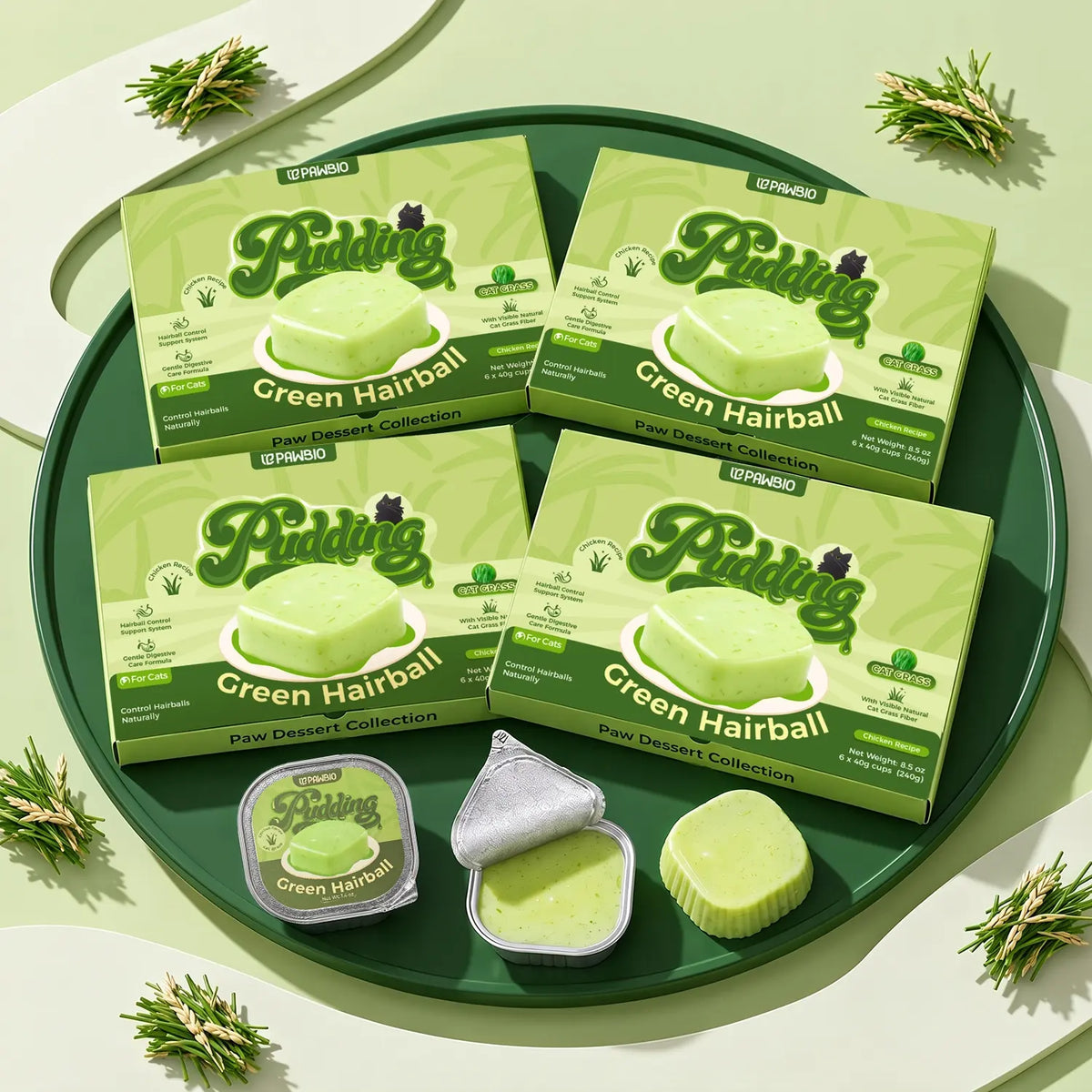 Green Garden Hairball & Digestive Care Pudding Treat for Cats – Chicken & Cat Grass