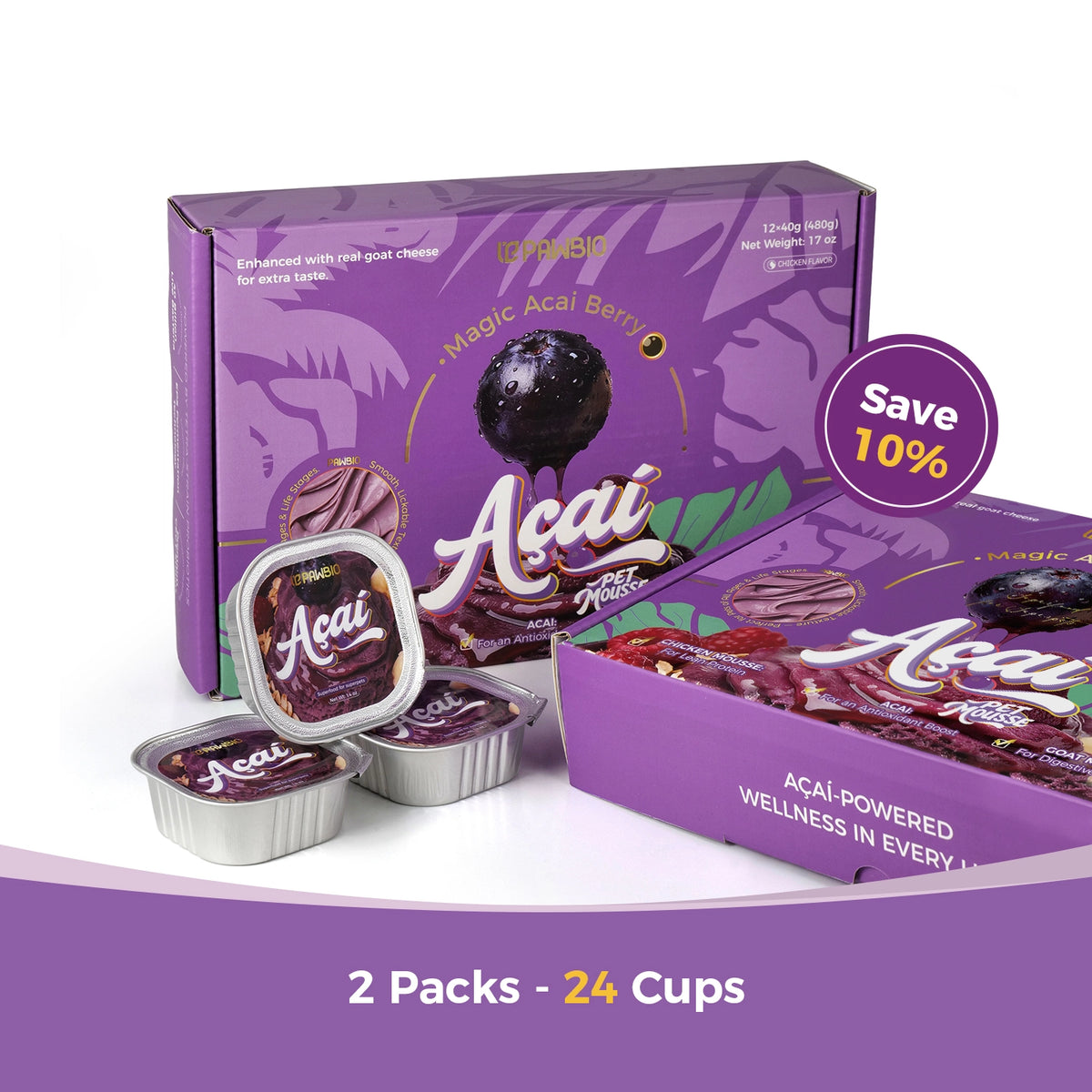 Two-pack bundle of Pawbio Acai pet mousse with 24 individual cups