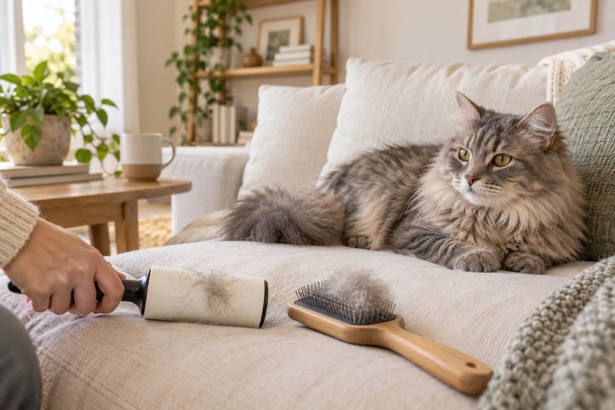 Cat resting on a sofa beside loose fur on a brush and lint roller.