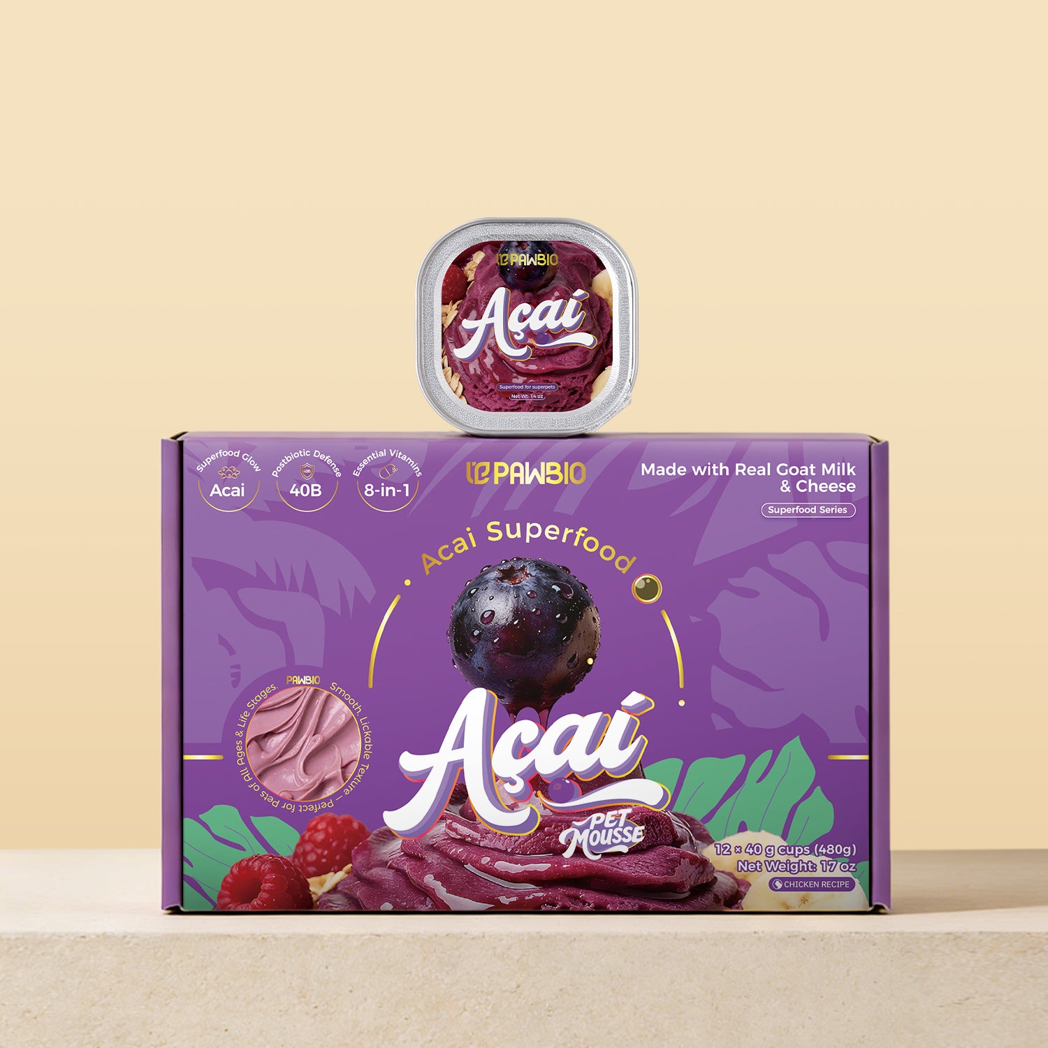 Acai Superfood Mousse 🫐 Digestive Support for Pets (12 Cups) | Tasty Goat Cheese