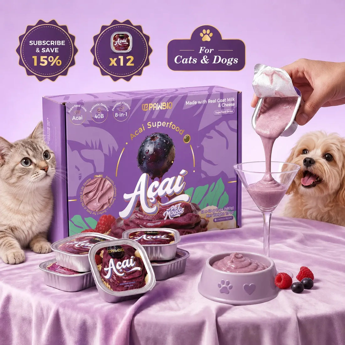 Acai Superfood Mousse 🫐 Digestive Support for Pets (12 Cups) | Tasty Goat Cheese