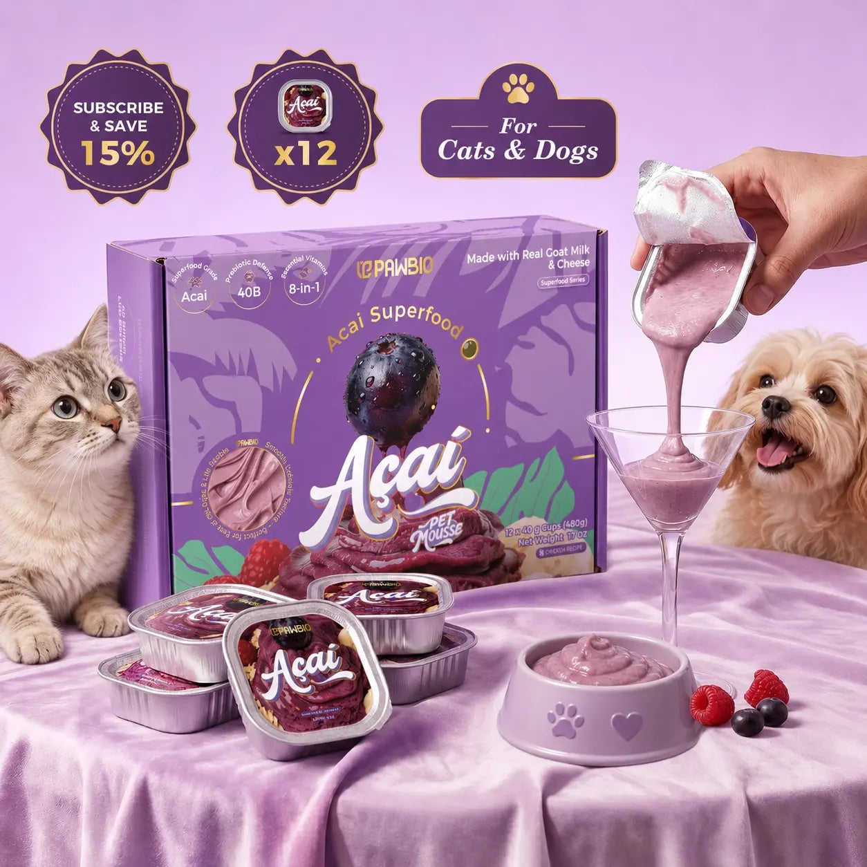 Acai Superfood Mousse 🫐 Digestive Support for Pets (12 Cups) | Tasty Goat Cheese