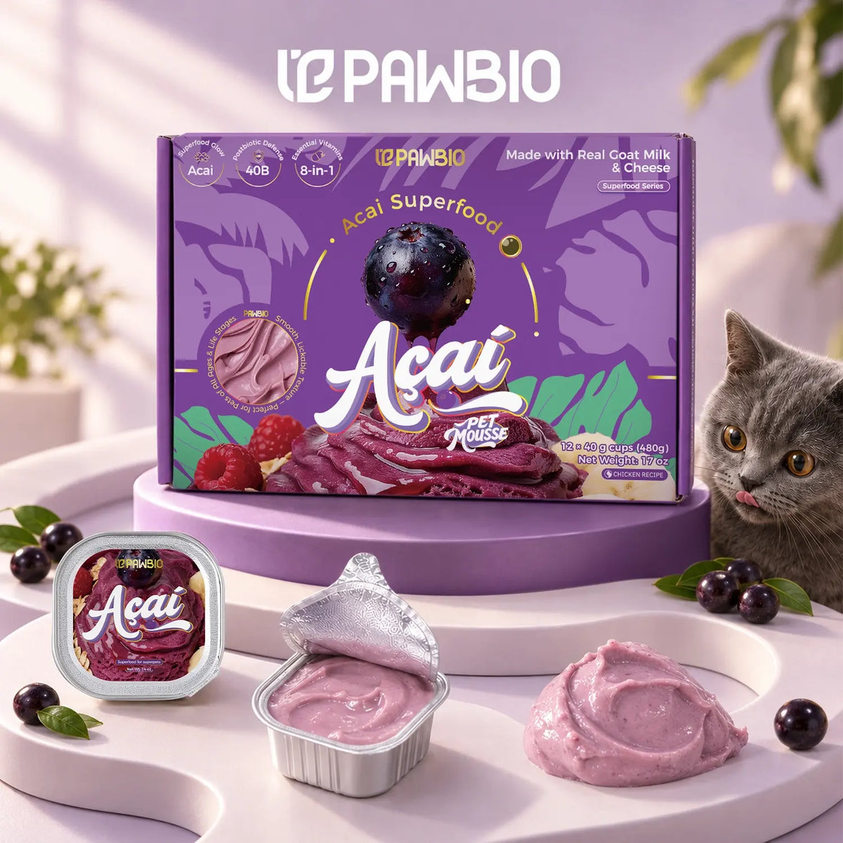 Acai Superfood Mousse 🫐 Digestive Support for Pets (12 Cups) | Tasty Goat Cheese