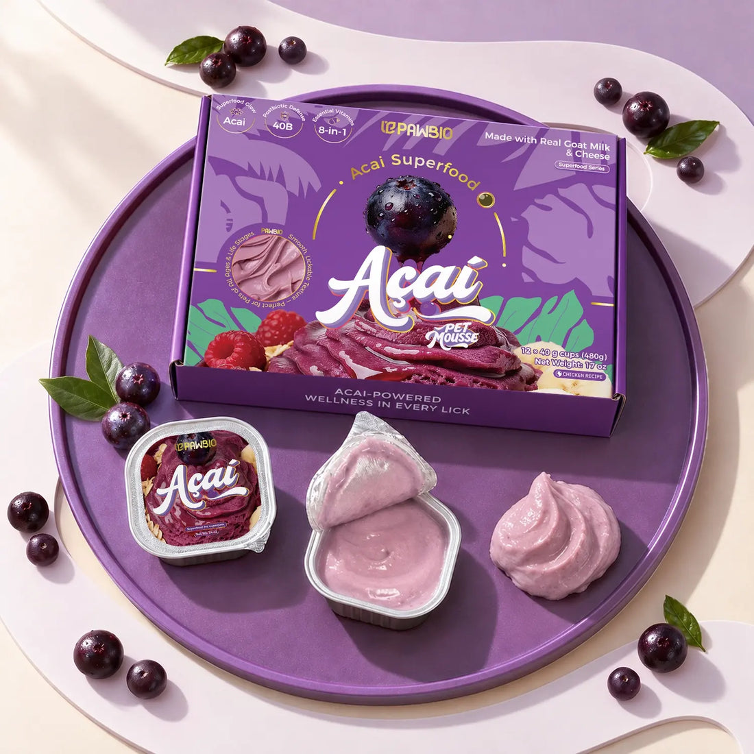 Acai Superfood Mousse 🫐 Digestive Support for Pets (12 Cups) | Tasty Goat Cheese