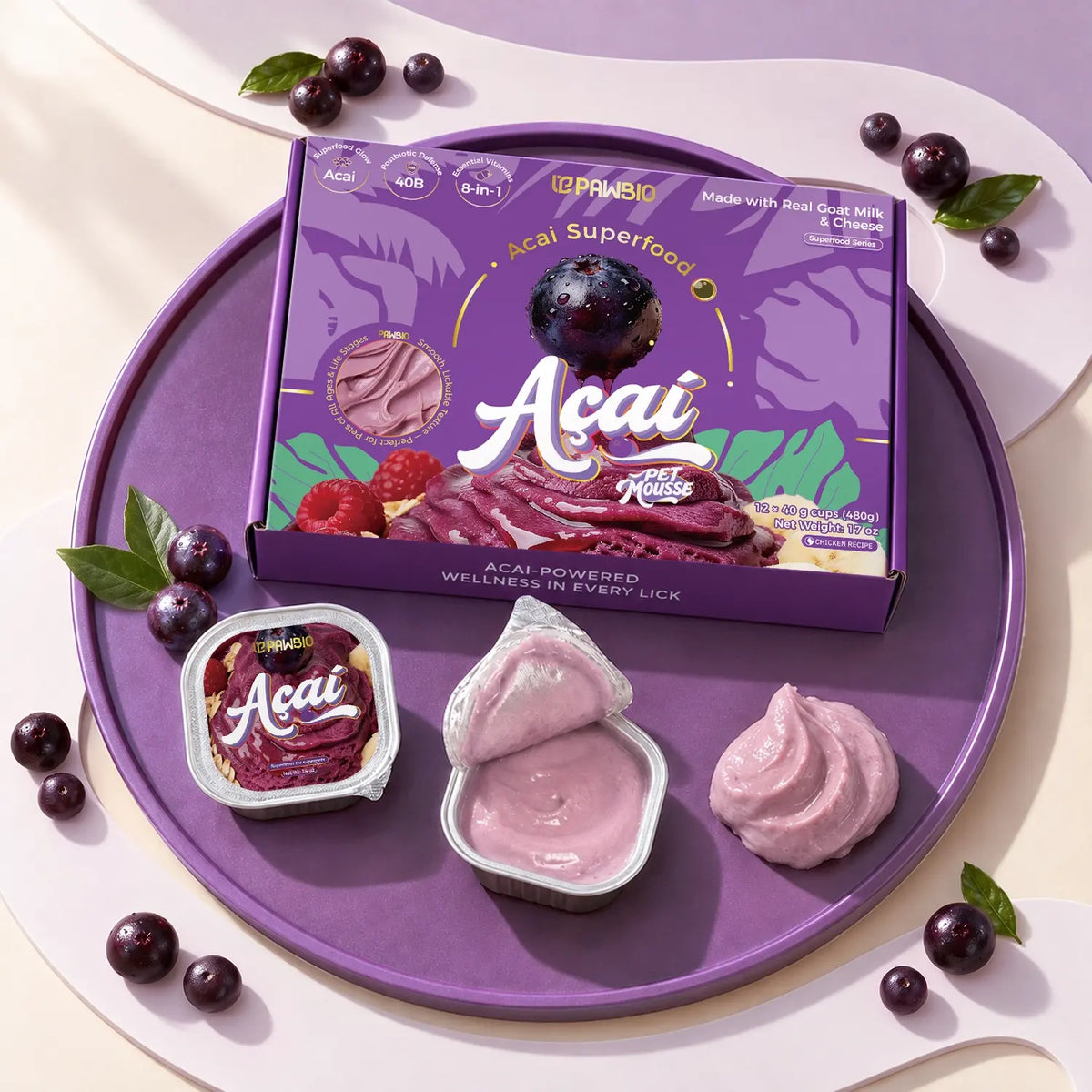 Acai Superfood Mousse 🫐 Digestive Support for Pets (12 Cups) | Tasty Goat Cheese