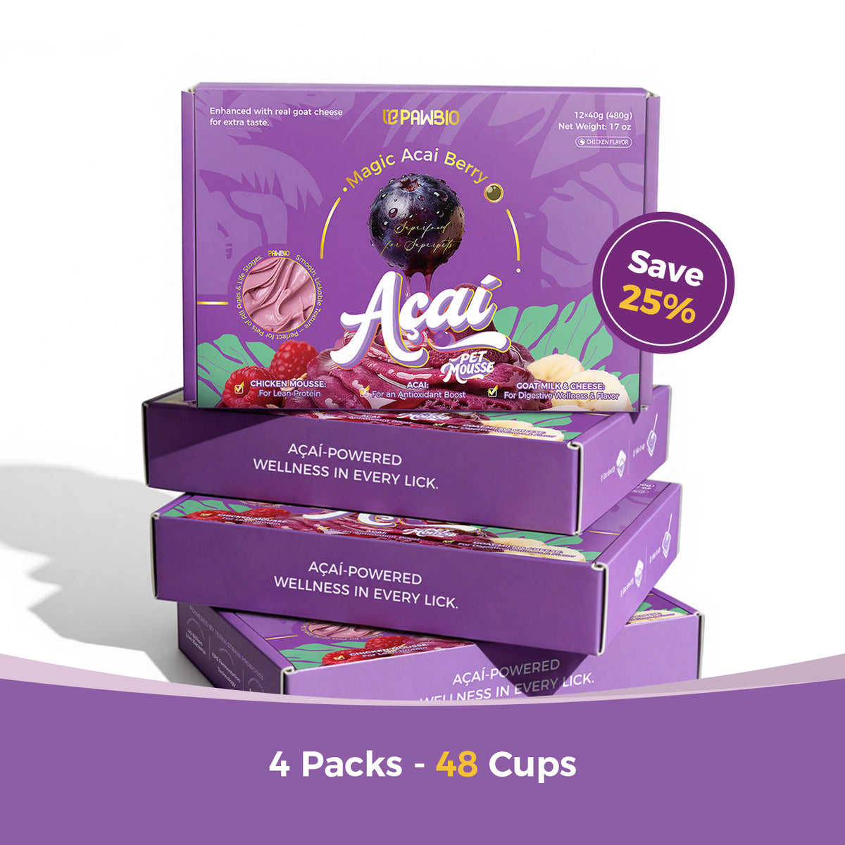 Four-pack bundle of Pawbio Acai pet mousse with 48 individual cups